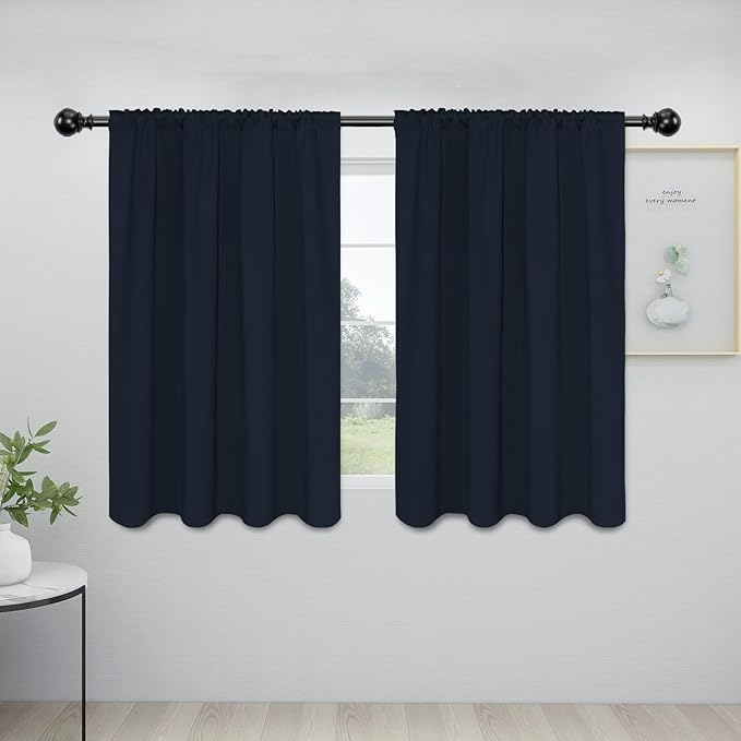Easy-Going Rod Pocket Blackout Curtains for Bedroom, Room Darkening Window Curtains for Living Room, Thermal Insulated Noise Reduction Solid Window Drapes, 2 Panels(42x45 in, Navy)