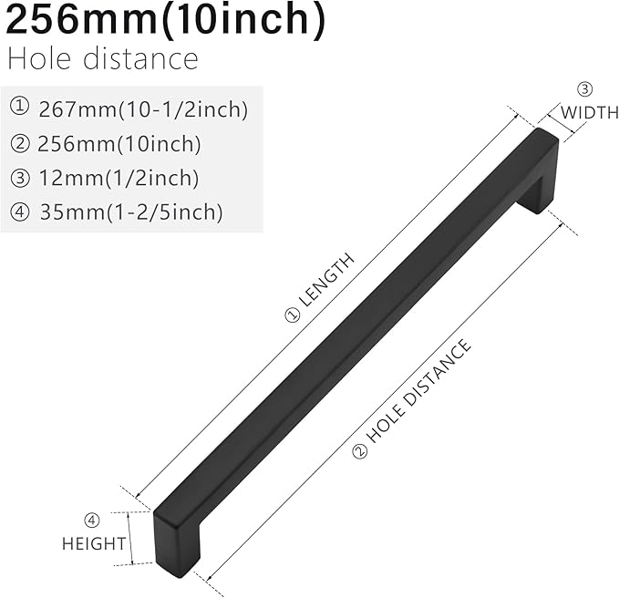 Cabinet Pulls Matte Black Cabinet Handles Square Drawer Pulls, 30 Pack 10 Inch Stainless Steel Kitchen Door Cupboard Cabinet Handles, Black Drawer Hardware Handles, 256mm Hole Centers