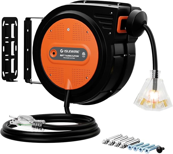 80FT Retractable Extension Cord Reel, 14 AWG/3C SJTOW Heavy Duty Power Cord with Lighted Triple Outlet, 13A Circuit Breaker, 180° Swivel Wall/Ceiling Mount Retractable Cord Reel, ETL Listed, Orange