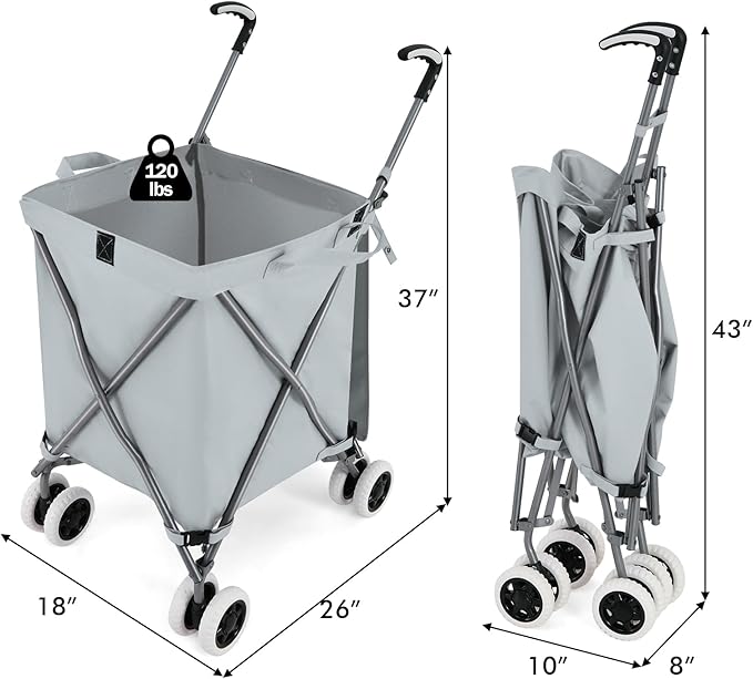 GOFLAME Folding Shopping Cart on Wheels, Waterproof Grocery Cart with Removable Cover and 360° Swiveling Wheels, Collapsible Utility Cart for Groceries and Laundry, 120LBS Load Capacity, Gray
