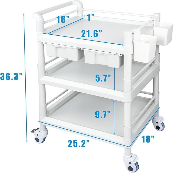 Medical Mobile Trolley Cart 3 Tier 500 Lbs Spacious Beauty Salon Rolling Trolley with Dirt Buckets Drawers 360°Rotate Wheels Heavy Duty Medical Utility Cart for Hospital Dental Clinic