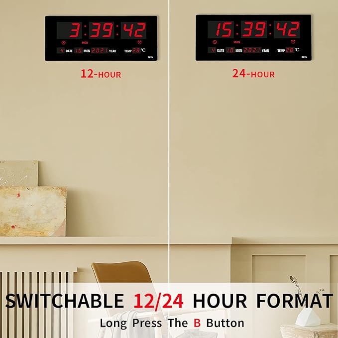 14.1 Inch Red Digital Wall Clock, Date/Day/Temperature Display, Energy Saving LEDs, Foldable Stand