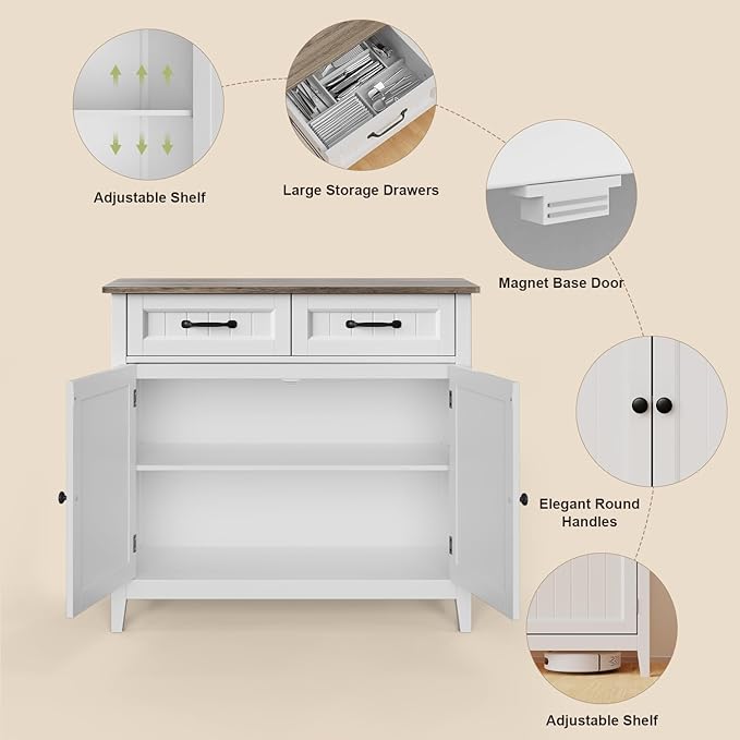 Gizoon Kitchen Sideboard Buffet Cabinet, 32'' H Large Kitchen Storage Island and Adjustable Shelf, Modern Coffee Bar Console Cabinet for Dining Room, Bathroom, Entryway, Grey