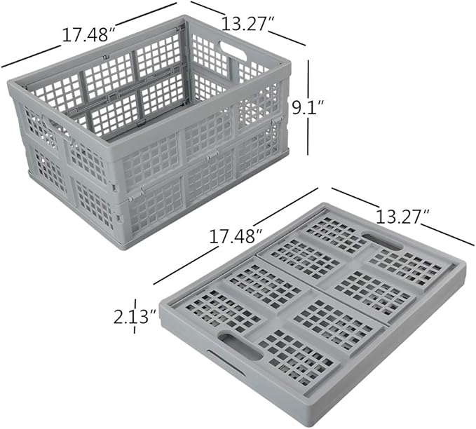 Hespapa 35 Quart Folding Crates, Plastic Collapsible Storage Container Milk Crate Baskets(Grey, 2 Pack)