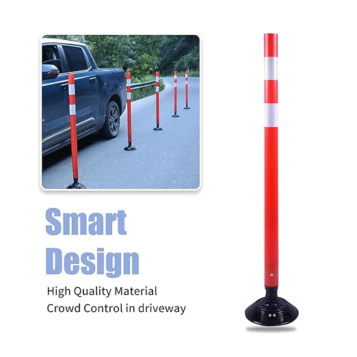 BESEA 8PCS 36" Traffic Delineator Posts with Detachable Base & High-Visibility Reflective Collars,Orange Flexible Safety Cones for Driveway, Parking Lot, Roadway, and Work Zone