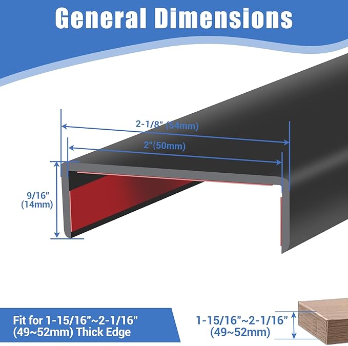 Rubber Edge Trim, 2 inches Self-Adhesive U Channel Edge Protector for Woods, Flexible U Shaped Peel and Stick Edge Banding, Furniture Edge Guard, Fit 2"(50mm), 20Ft, Black