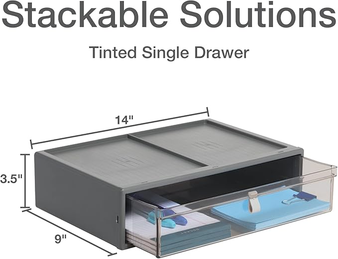 Pendaflex Stackable Drawer, Durable Plastic, Silicon Handles, Tinted Drawers, Single, Gray, 14" x 9" x 3.5", Large, 1 Piece (41794)