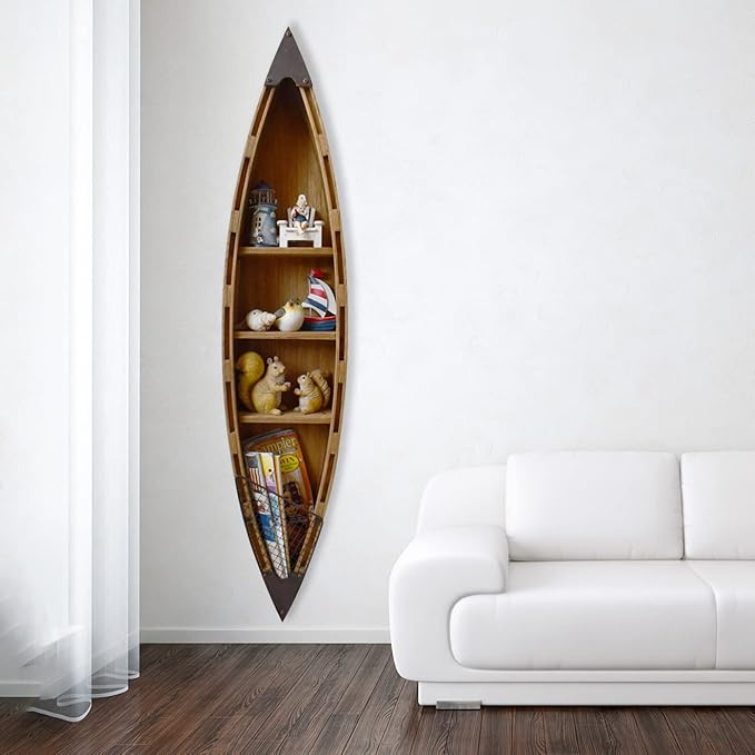 E-view Solid Wood Hanging Boat Shelf Decorative Nautical Wall Decor Beach Themed Bookcase Large Wooden 3-Tier Display Shelves for Home Kitchen Bedroom Living Room