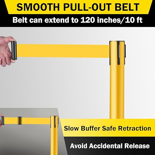 10 ft Crowd Control Stanchion Set, Crowd Control Barrier, Stanchions with Retractable Belts & Base, Retractable Stanchions, Queue Management Stanchion (6 Pole) (Yellow)
