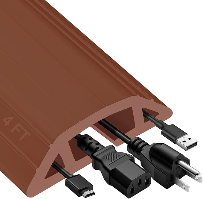 MYFAMIREA 4FT Floor Cord Cover Heavy Duty Cable Cover Protector with 3 Channels Extension PVC Floor Wire Cover Outdoor Cord Hider Management Cord Cover for Wire on Floor for Home Office Outdoor, Brown