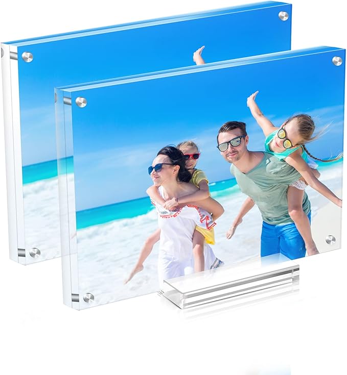 2 Pack Acrylic Picture Frame 5×7 Clear Double Sided Magnetic Photo Frame - Frameless Baby Friend Family Picture Desktop Display with Support Stand and Gift Boxes
