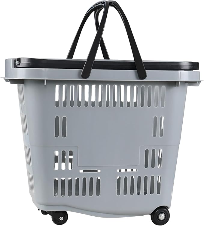Sandmovie 50 L Large Rolling Shopping Basket, 4 Pcs Plastic Shopping Baskets with Wheels, Portable Basket for Supermarket, Retail (Grey)