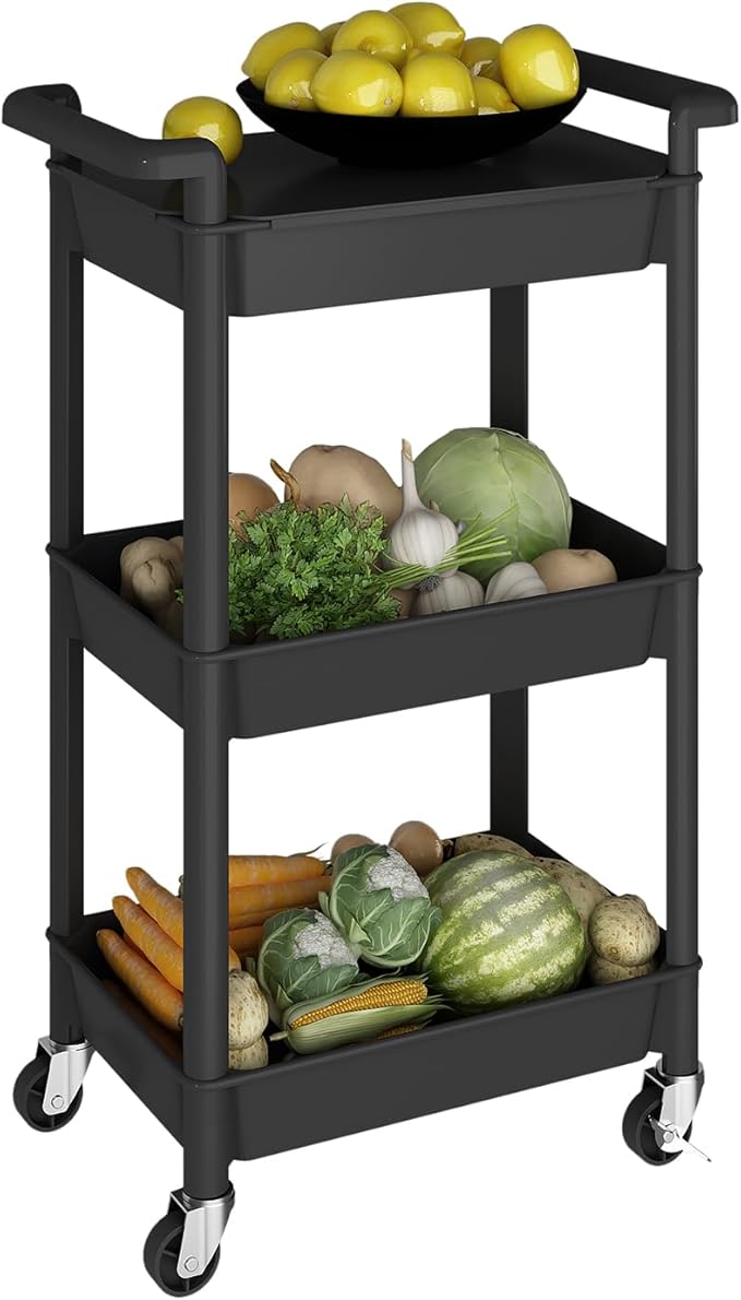 3-Tier Utility Rolling Cart with Cover Top Board, Mobile Utility Cart with Lockable Casters Multi-Functional Storage Trolley for Office, Bathroom, Kitchen, Garden, Laundry Room (Black)