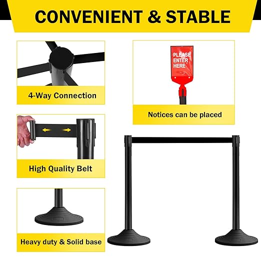 10 ft Crowd Control Stanchion Set, Crowd Control Barrier, Stanchions with Retractable Belts & Base, Retractable Stanchions, Queue Management Stanchion (6 Pack) (Black)