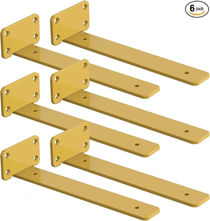 6 PCS Gold Iron Heavy Duty Brackets Without Lip, 4 Inch Supports DIY for Shelves Bracket with 5mm Thick, Industrial Modern Floating Shelf Support for Wall Mount Shelves