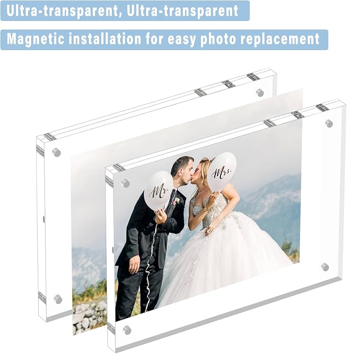 HELPLEX 3 Pack 3.5x5 Acrylic Picture Frames, 20mm Thicker Frameless Clear Frame Double Sided Magnetic Frame, Free Standing Desktop Display Stand Acrylic Frames