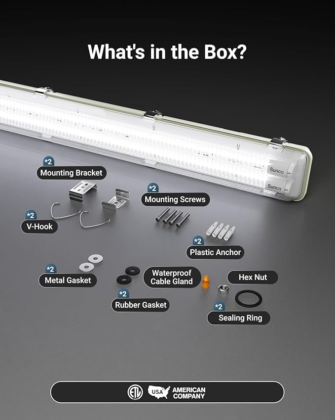 Sunco LED Ready Fixture for Garage Ceiling, 4ft Shop Lights Holds 2 LED Tube Lights, Non-Dimmable, Surface Mount, Works with Type B and Hybrid Tubes, 120-277V, Wet Rated ETL 6 Pack
