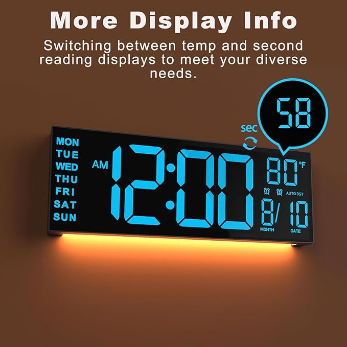 JALL 13" Large Digital Wall Mount Clock, Count Down Timer, Alarm, Big LED, DST, Temperature for Living Room Classroom Desk, Xmas, Birthday Gift for Senior Mom Dad, Blue