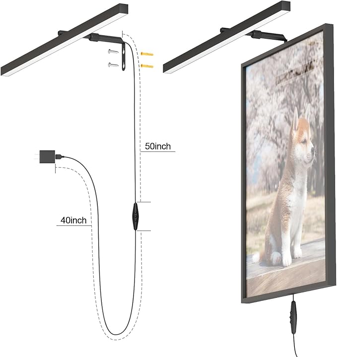 24" Plug in Picture Light for Paintings with Remote Control, 9W LED Art Display Lighting for Gallery, Dartboard, Artwork, Black Wall Mounted Picture Frame Light