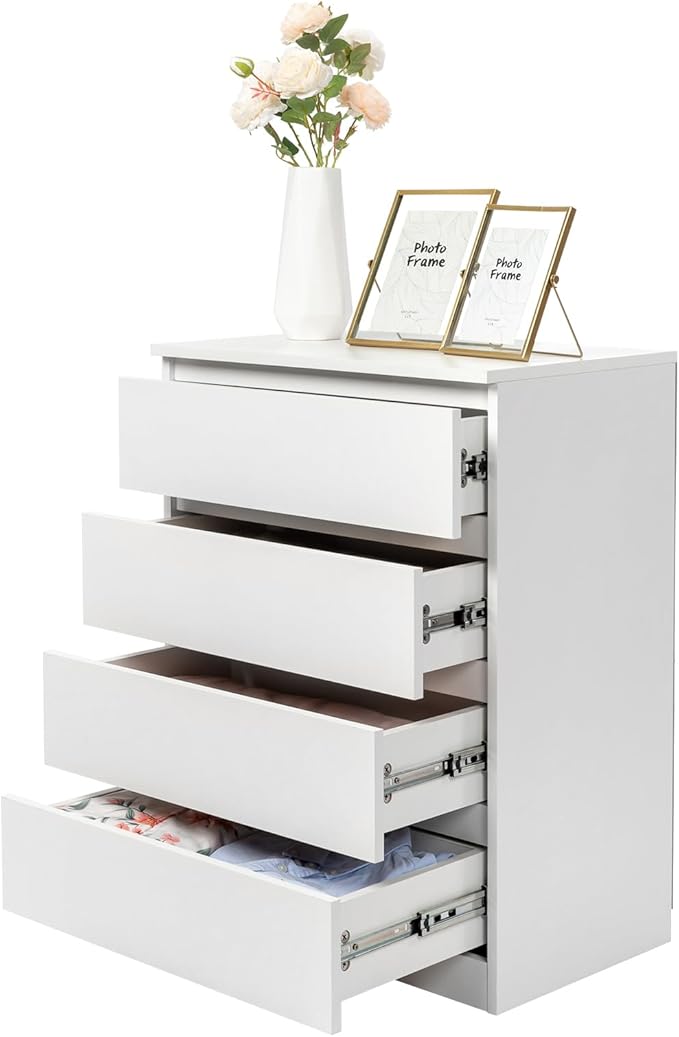 Dresser for Bedroom, Modern Wood Dresser Chest of Drawers, No Handle Storage Cabinet for Girls, Anti-Tipping Device, Living Room, Home Office, Hallway Organizer (White, 4 Drawers)