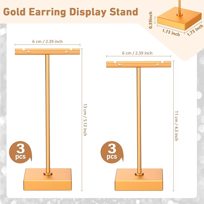 Kigeli 6 Pack Metal Bar Earring Display Stand Retail Earring Display Holder Detachable Metal Display Storage Rack Jewelry Photography Prop, Square Base, Height 4.3" and 5.1"(Gold)