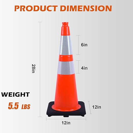 8 Pack 28 Inch Orange PVC Traffic Cones Black Base Stable Flexible, Road Safety Construction Zone Crowd Control Parking Safety Markers (8, Orange, 28 Inch)
