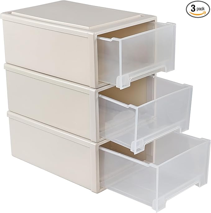 Gloreen 12 L Plastic Stackable Storage Drawers, 3 Packs Desktop Compact Drawer Box