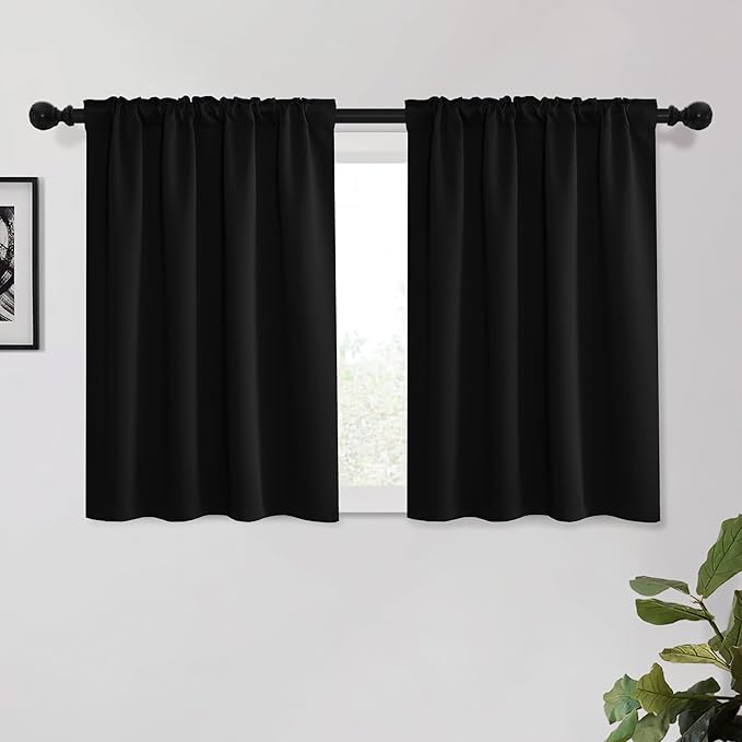 KGORGE Short Blackout Curtains 45 inch Length, Privacy Thermal Insulated Curtains Light Blocking Noise Reducing Window Drapes for Living Room Kitchen, W52 x L45 inches, Black, 2 Panels