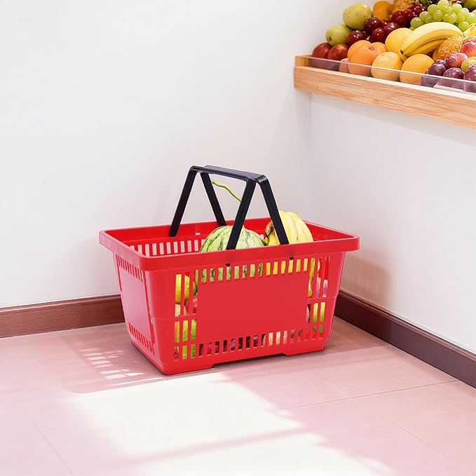 12 PCS Shopping Baskets with Handles, 18L Red Plastic Shopping Basket, Portable Grocery Basket Essential for Supermarket Retail Shop Book Store Laundry(17" x 12" x 9", Red)