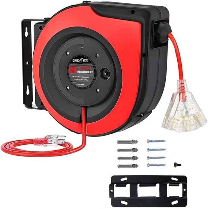 Retractable Extension Cord Reel, 65 Feet 12 AWG/3C SJTOW Heavy Duty Power Cord,15 AMP Circuit Breaker, 3-Lighted Triple Outlets, Ceiling or Wall Mount Use