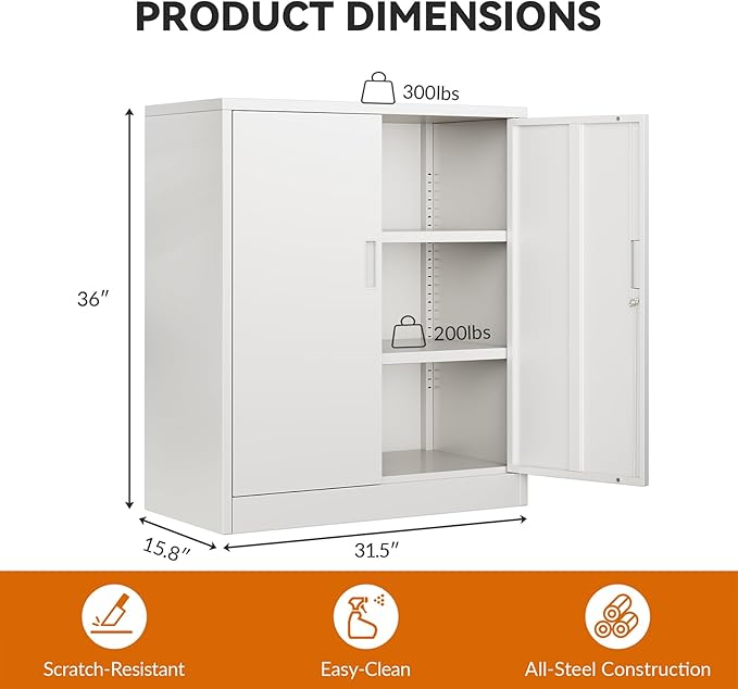 BESFUR Metal Storage Cabinet 36" H, White Locking Cabinet with 2 Lockable Doors and 2 Adjustable Shelves, Garage Storage Cabinet for Home Office, Garage, School, Apartment, Warehouse