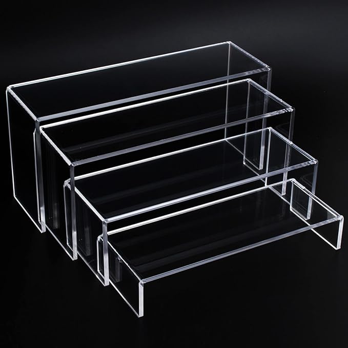 ELEGANTLIFE Acrylic Display Riser,4.3mm Heavy Duty Crystal Display Stand Shelf Layered Aesthetic, Jewelry Display Shelf Risers for Décor,4 Pack Set Multi-color (Clear)