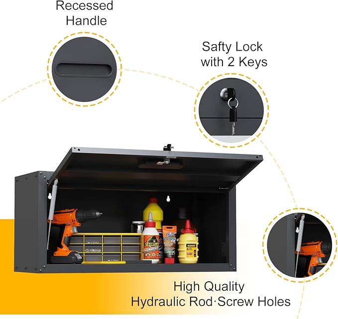 Metal Wall Cabinet with Up-flip Door, Lockable Steel Wall Mounted Storage Cabinet, Floating Tool Cabinet for Garage, Workshop, Warehouse, Kitchen, Bathroom, Assembly Required (Black 13.58"H)