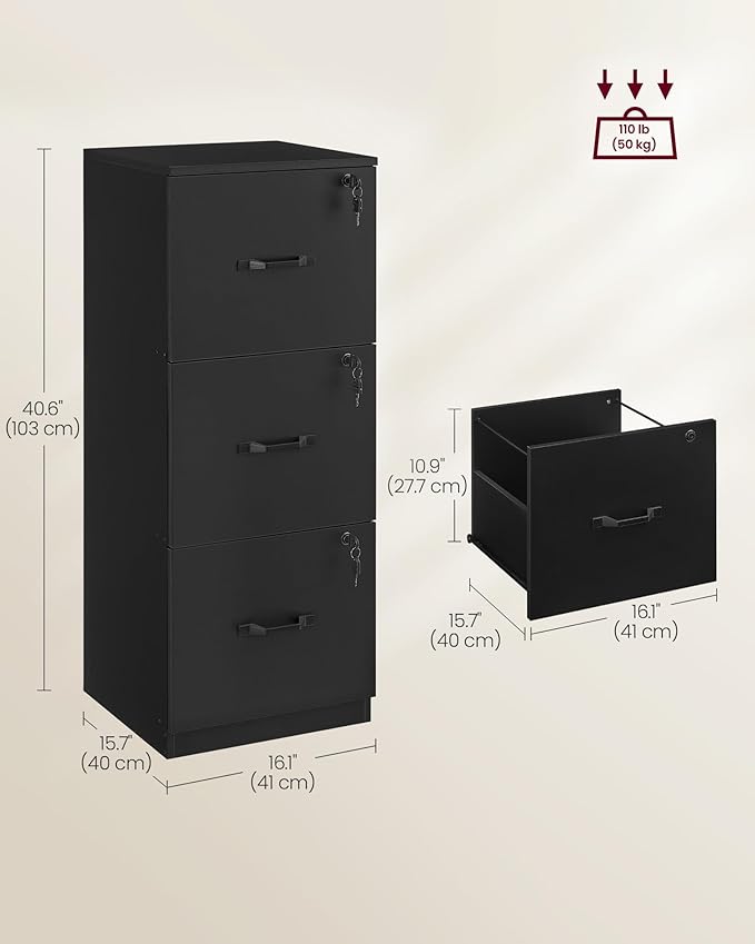 VASAGLE 3 Drawer File Cabinet, File Cabinet with Lock, Printer Stand, Office Filing Cabinet Organizer, for A4 and Letter Size Files, Ink Black UOFC055B16
