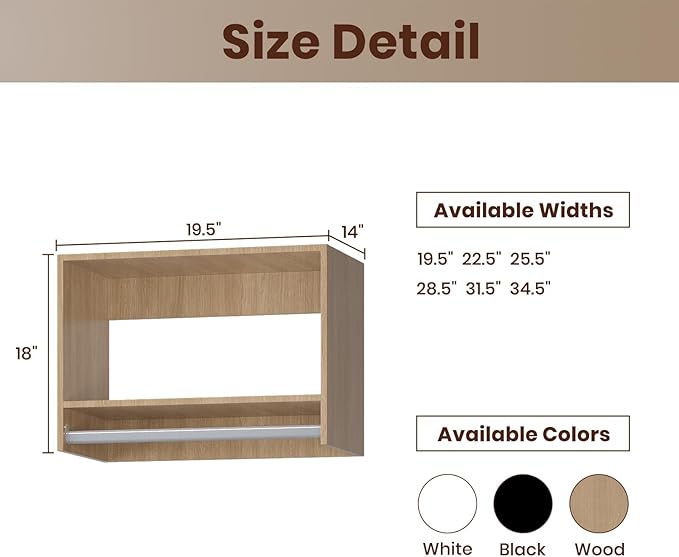 ROOMTEC 19.5" Tall Hanging Closet Unit, Modular Closet System with Hanging Rod, Wardrobe Organizer for Bedroom or Walk-in Closet, Wall Mounted, Customizable Clothes Storage Unit, Wood