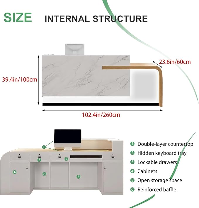 Modern Reception Desk with Counter Front Reception Table with Hidden LED Lighting Commercial Receptionist Desk White and Wood Checkout Counter Fully Assembled and Ready to Use 102inch/260cm