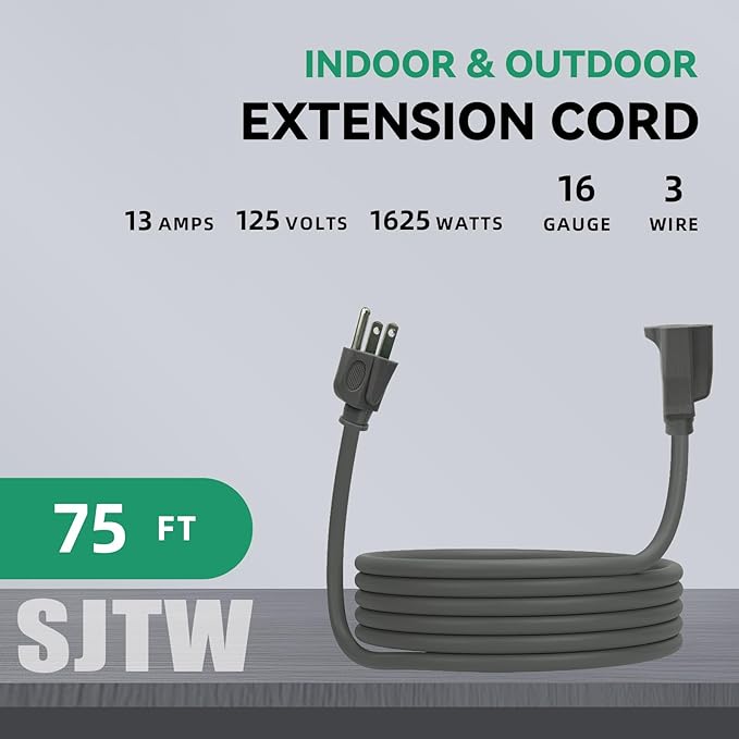 75Ft Heavy Duty Indoor Outdoor Extension Cord - 16/3 SJTW Waterproof Power Cable with 3 Prong Grounded Plug, Grey - Durable, Weather Resistant, for Home, Garden, and Worksite Use
