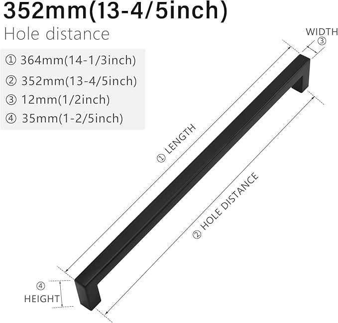 Cabinet Pulls Matte Black Cabinet Handles Square Drawer Pulls, 50 Pack 13-4/5 Inch Stainless Steel Kitchen Door Cupboard Cabinet Handles, Drawer Hardware Handles, 352mm Hole Centers
