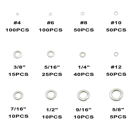 #4 to 5/8 Stainless Steel Split Lock Washers Assortment Kit,for #4#6#8#10#12 1/4" 5/16" 3/8" 7/16" 1/2" 9/16" 5/8" Screws/Bolts