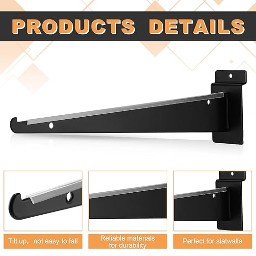 Therwen 24 Pcs 15.8" Chrome Slatwall Knife Shelf Bracket with Lip Metal Bracket Hooks Slatwall Hanger Heavy Duty Shelf Accessories Home Boutique Retailer Display (Black)