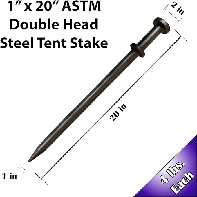 TentAndTable Double Head Metal Tent Stakes Heavy Duty Steel Ground Stake, Versatile Spikes to Anchor Commercial Inflatables, Event Party Tents, and Outdoor Camping Shelters, 1 x 20 Inch, 25 Pack