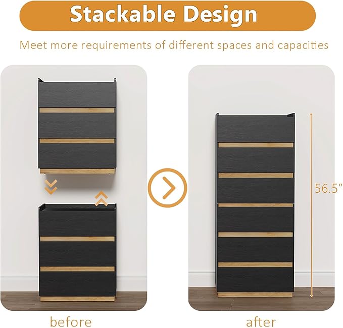 Large Modern Nightstand Black Bedside Table, 3 Drawer Dresser Wood Stackable Storage Drawers for Clothes for Closet, Bedroom, 24"x16"x29"
