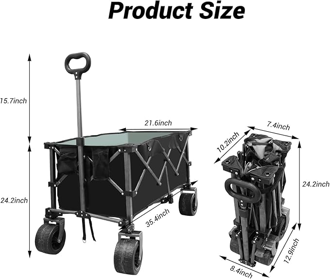 Collapsible Foldable Extended Wagon, Weight Capacity 440 LBS, Heavy Duty Large Wheeled Utility Cart, Folding Grocery Shopping Cart for Camping, Grocery, Garden - Large Capacity Portable Outdoor Cart