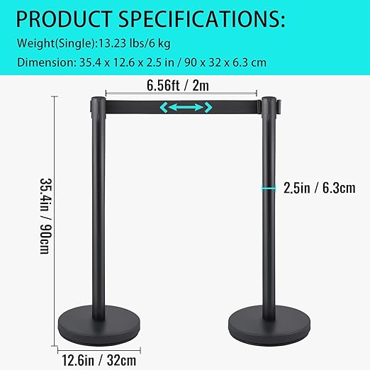 Crowd Control Stanchions, Stanchion Queue Post with Retractable Belts 6.5Ft, Easy Assembly, Crowd Control Barriers, Height 36 Inches, for Crowd Control Barriers, Pack of 2, Black