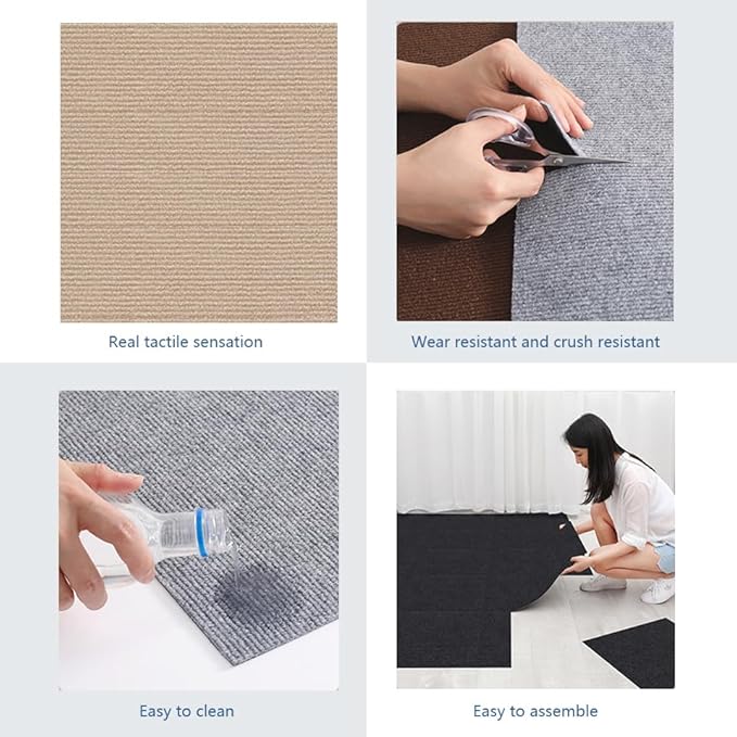 Carpet Tile 24” X 24” Self Adhesive Carpet Floor Tiles Anti-Slip Reusable Carpet Squares Peel and Stick Carpet Floor Tile Easy Install DIY for Bedroom Living Room (11, Light Gray)