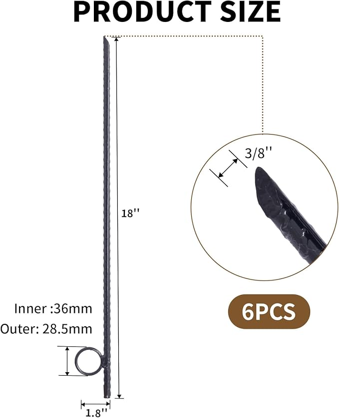 6 Pack Rebar Stakes 3/8" x 18" Heavy Duty Steel Ground Anchors with 1" Loop & Angled End for Canopy, Camping, Tent, Tarps, Garden & Yard, Black