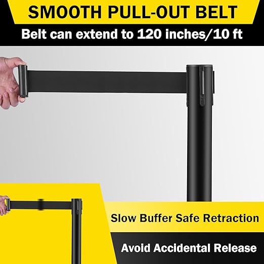 10 ft Crowd Control Stanchion Set, Crowd Control Barrier, Stanchions with Retractable Belts & Base, Retractable Stanchions, Queue Management Stanchion (4 Pack) (Black)