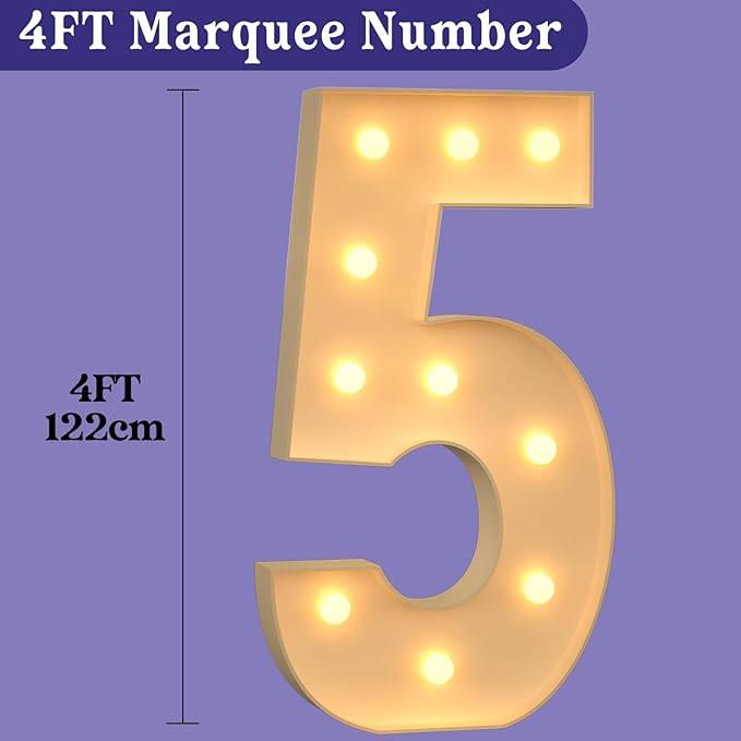 4FT Light Up Numbers, Large Marquee Numbers for 5th 15th 50th Birthday Decorations, Giant Light Up Numbers for Party Anniversary, Marquee Letters, Pre-Cut DIY Mosaic Numbers for Balloons 5