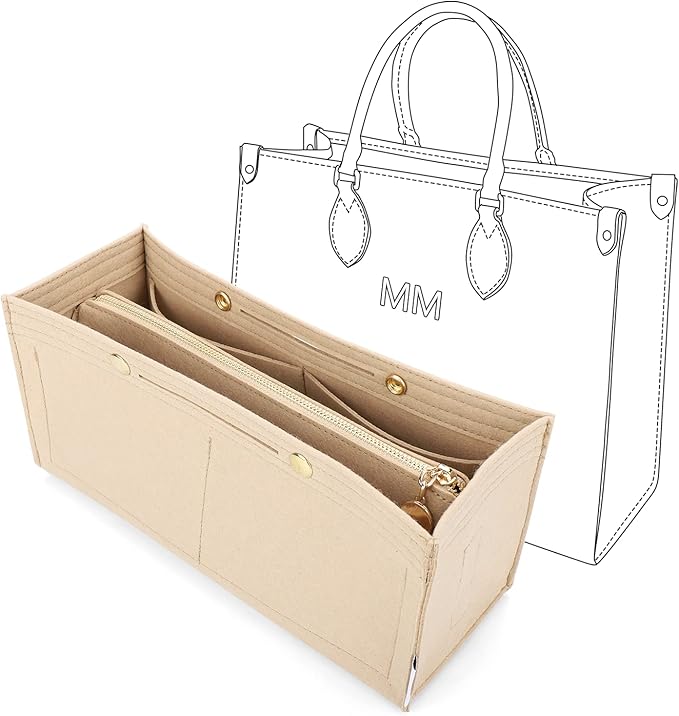 LEXSION Felt Purse Organizer Insert,Handbag Organizer with Detachalbe Zipper Pocket for ONTHEGO GM,3 Size 8034 Beige Large