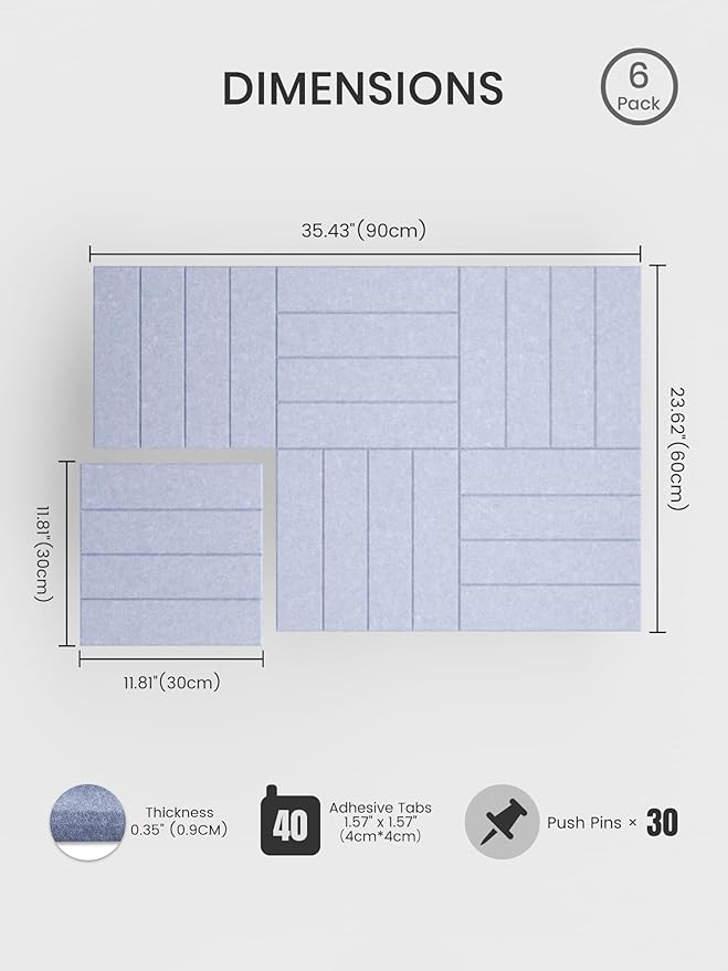 Bumusty Large Cork Board Alternative-36 x24 Felt Bulletin Board Tiles, with 30 Pushpins, 40 Adhesive Tabs, 6-Pack Slat Wall Paneling, Cork Boards for Office Push Pin Board Felt Board-Soft Periwinkle
